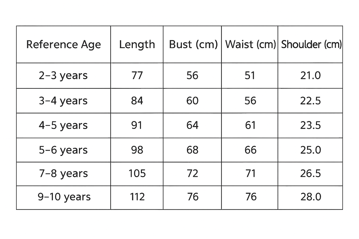 Blush Rose Princess Costume size chart with age, height in cm, US and EU sizes – Magic Tree Kids