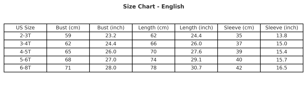 Classic Storybook Princess Long Sleeve Dress size chart with age, height in cm, US and EU sizes – Magic Tree Kids