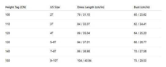 Frostlight Queen costume size chart with age, height in cm, US and EU sizes – Magic Tree Kids
