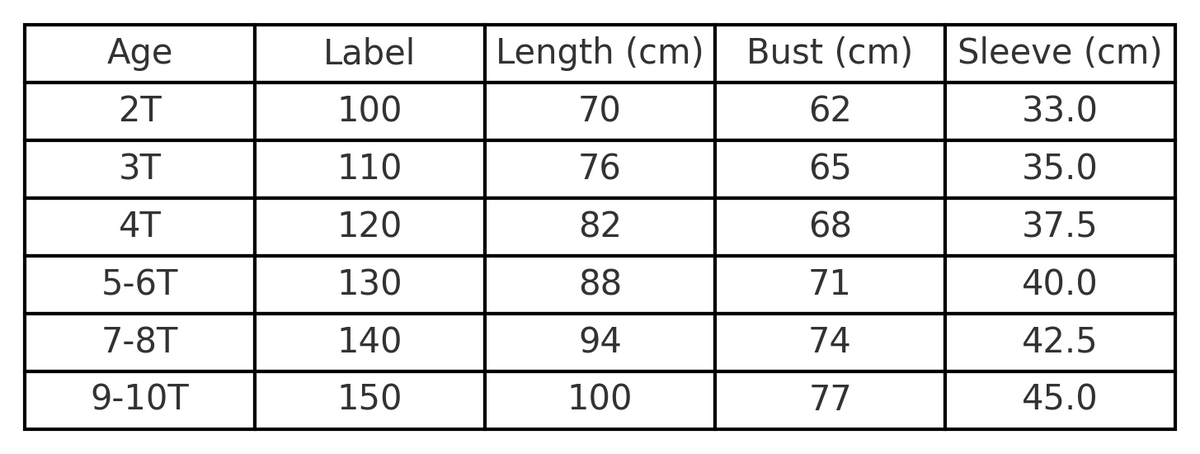 Ice Queen plush collar costume size chart with age, height in cm, US and EU sizes – Magic Tree Kids