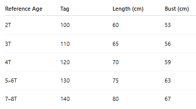 Island Spirit princess costume size chart with age, height in cm, US and EU sizes – Magic Tree Kids
