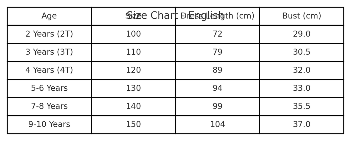 Long sleeve Mermaid princess costume size chart with age, height in cm, US and EU sizes – Magic Tree Kids