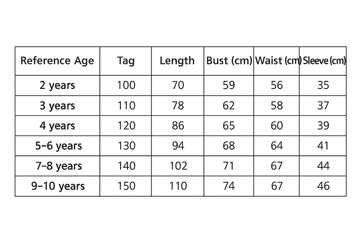 Midnight Bloom Butterfly Dress size chart with age, height in cm, US and EU sizes – Magic Tree Kids