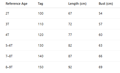 Nordic Rose princess costume size chart with age, height in cm, US and EU sizes – Magic Tree Kids