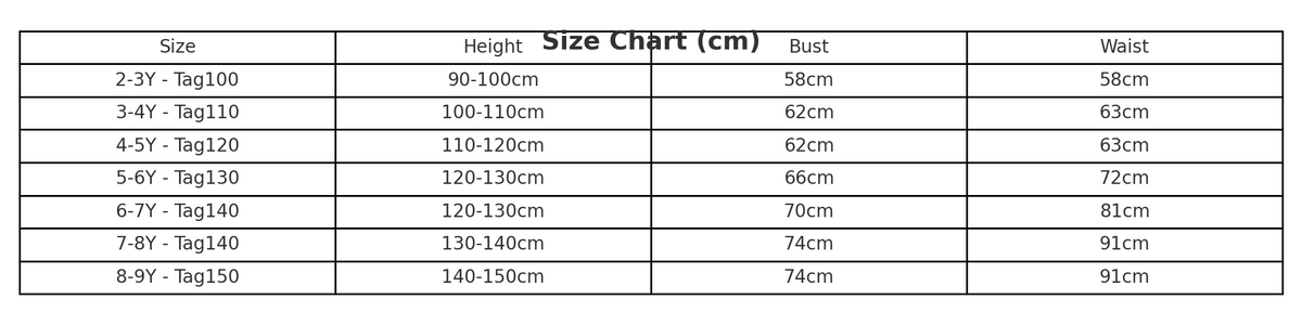 Pink Princess Dress Set size chart with age, height in cm, US and EU sizes β Magic Tree Kids