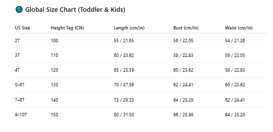 Sea Star princess costume size chart with age, height in cm, US and EU sizes – Magic Tree Kids