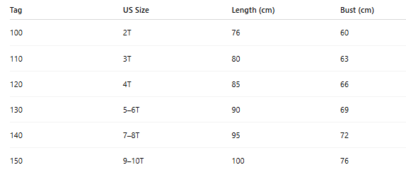 Snow Dream Queen costume size chart with age, height in cm, US and EU sizes – Magic Tree Kids