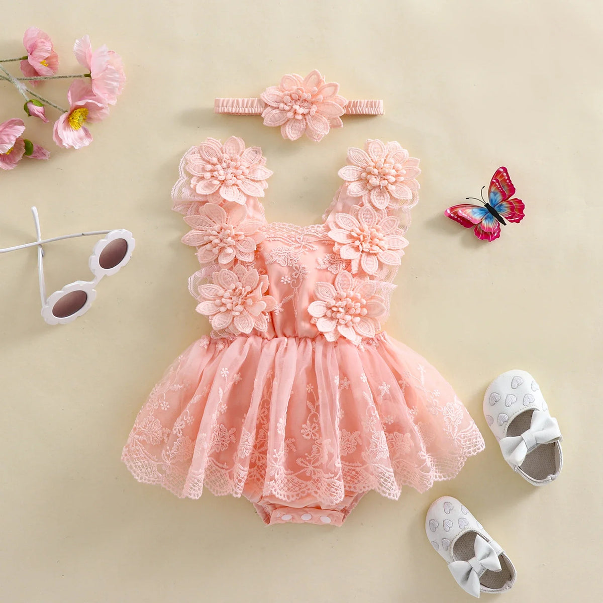 3D Blossom Lace Baby Romper Set