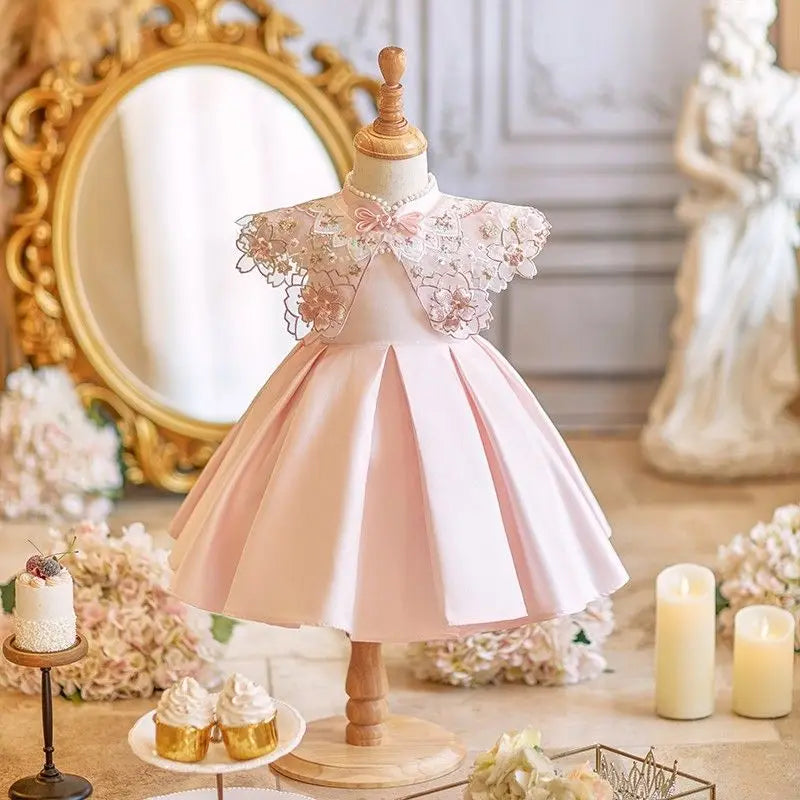 Vintage Pink Party Dress with Floral Cape