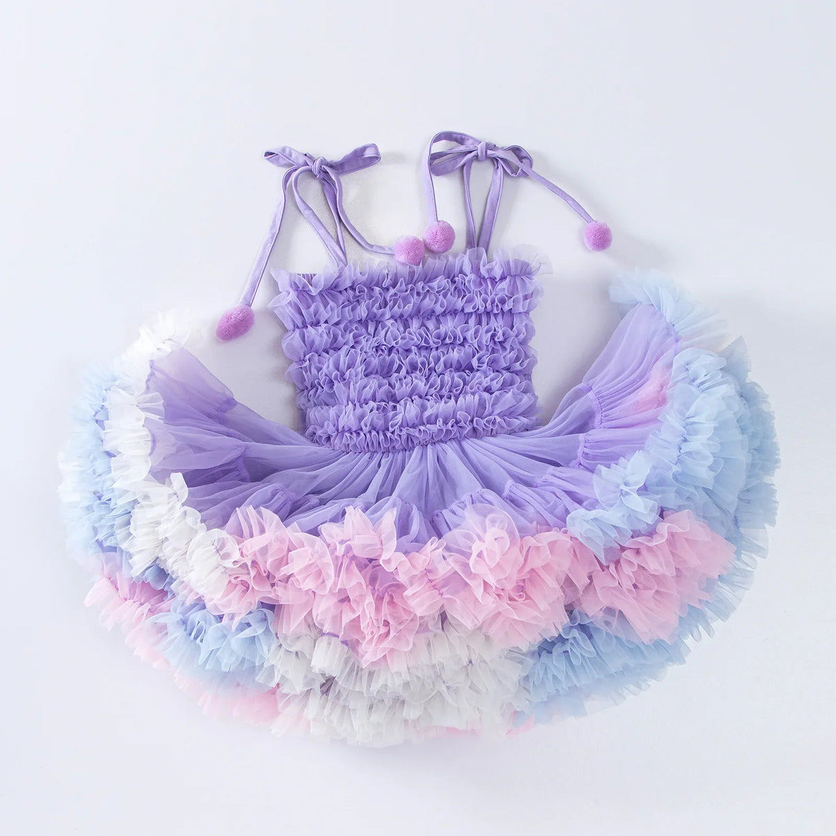Rainbow Ruffle Pompom Tutu Dress