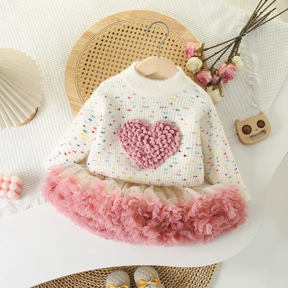 Love Heart Outfit for Girls – Knitted Top & Tulle Skirt