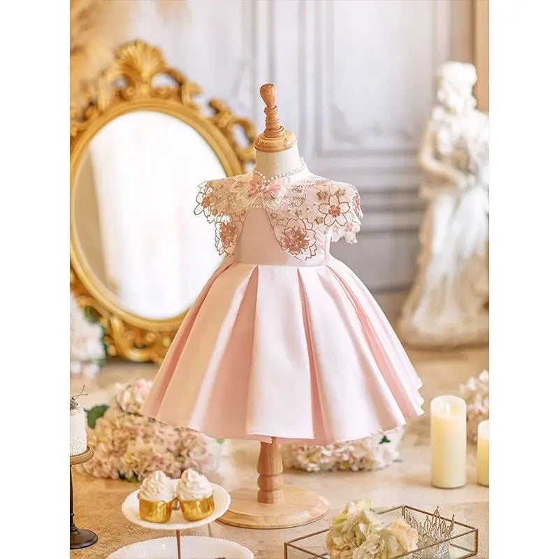 Vintage Pink Party Dress with Floral Cape