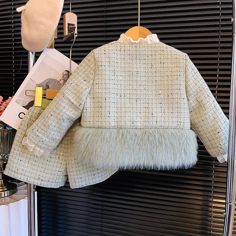 Green Tweed & Faux Fur Girls' Set
