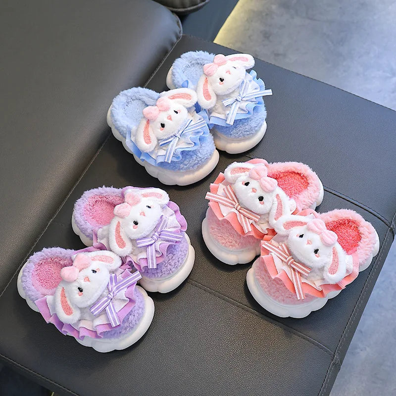 Fluffy Bunny Slippers with Ruffle & Bow