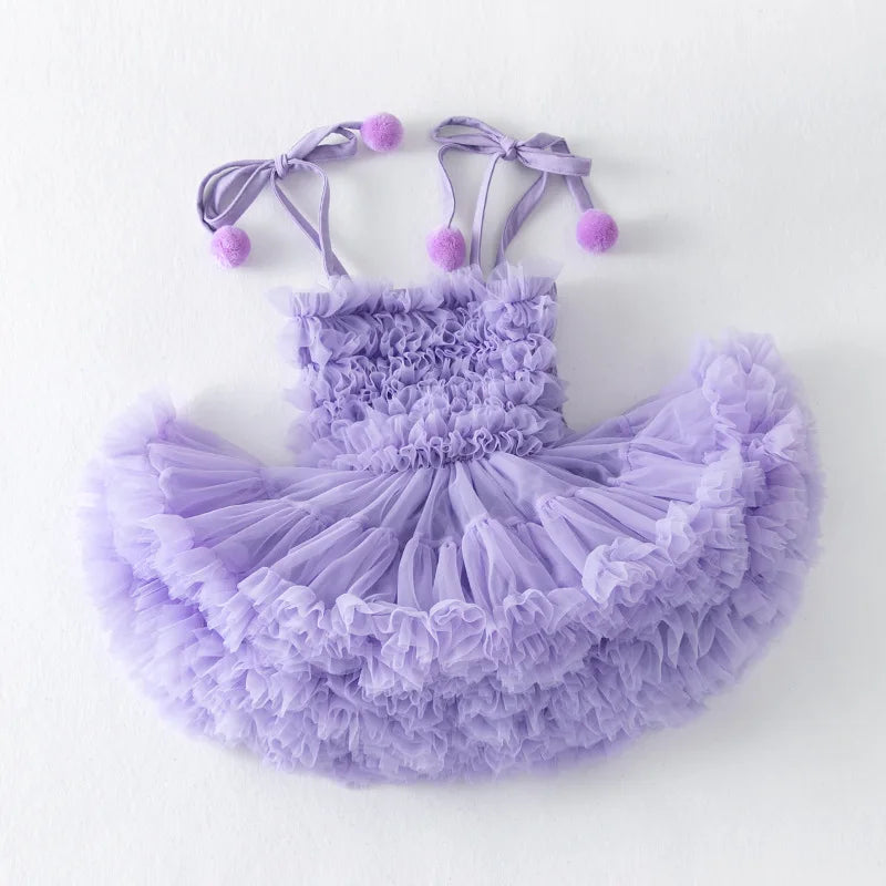 Rainbow Ruffle Pompom Tutu Dress