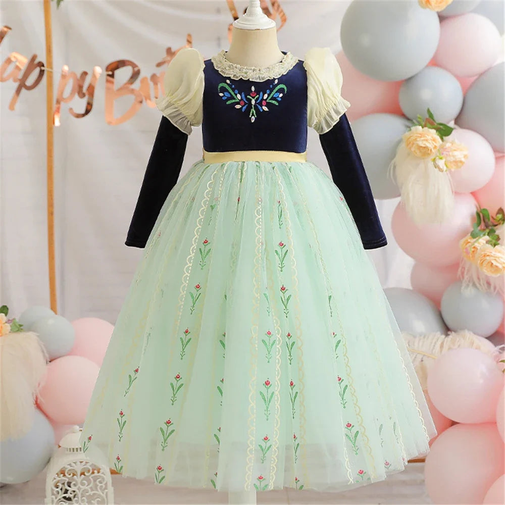 Autumn Princess blue and green gown costume for girls, front view – Magic Tree Kids
