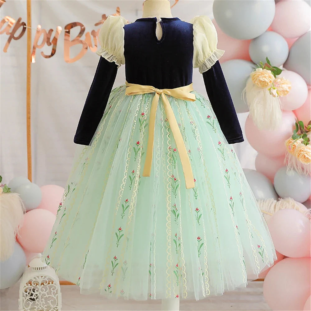 Autumn Princess blue and green gown costume for girls, detail view – Magic Tree Kids