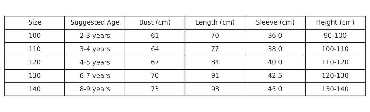 Autumn Princess costume size chart with age, height in cm, US and EU sizes – Magic Tree Kids