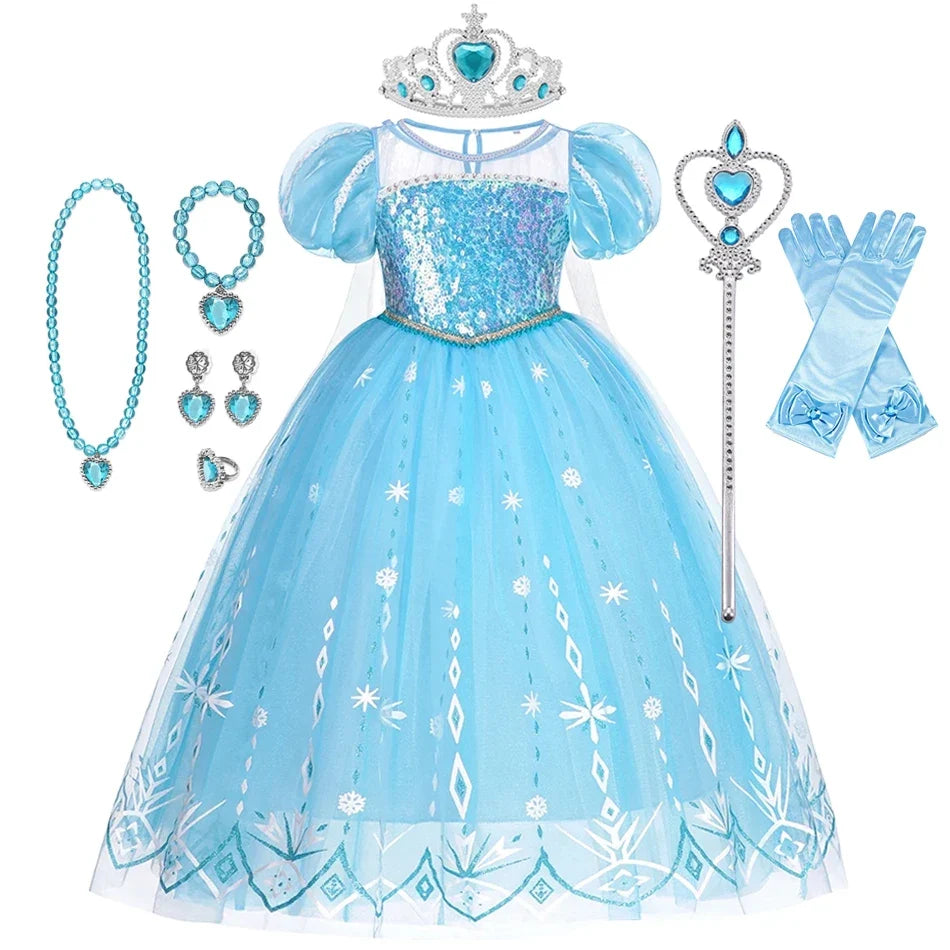 Girl twirling in the sparkling blue snow queen princess costume dress