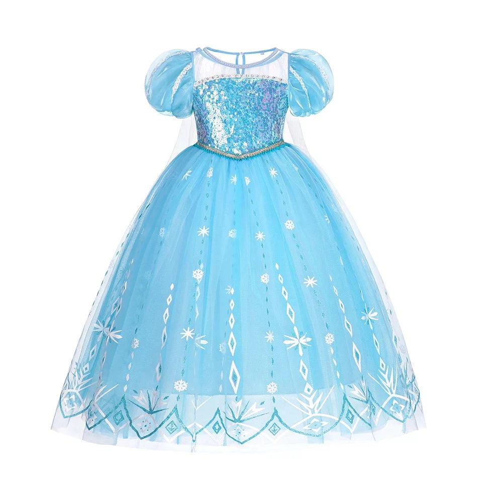 Girl in sparkling blue ice princess gown from the Snowlight Queen costume set, front view