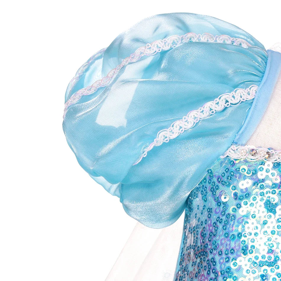 Back view of the girls' blue ice princess costume gown with flowing cape