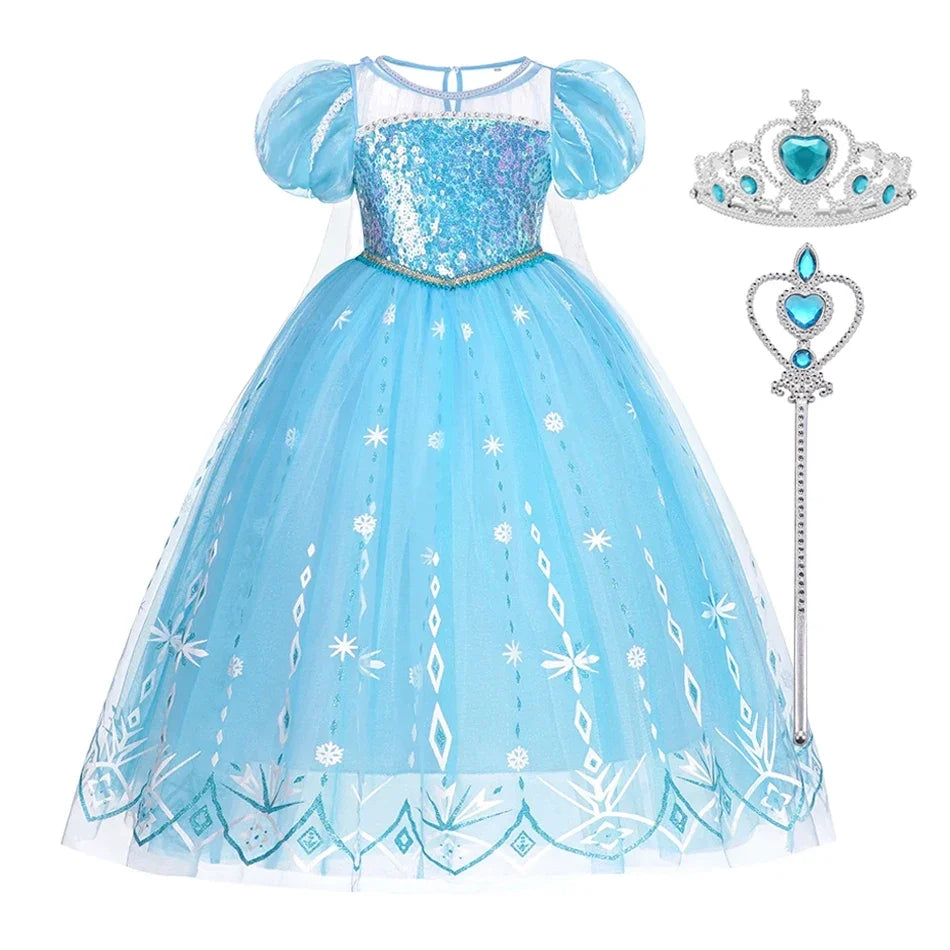 Shimmer fabric and icy blue detail of the girls' ice princess costume dress