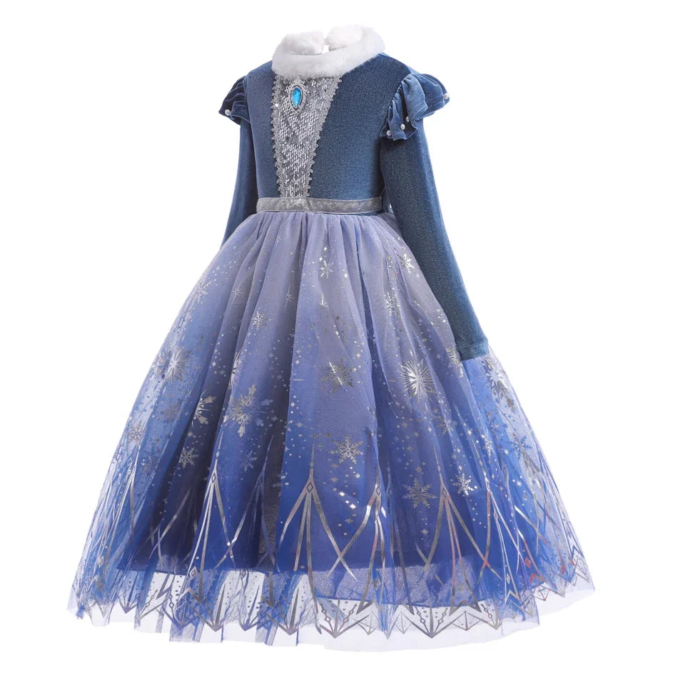 Ice Princess velvet and snowflake tulle costume for girls, front view – Magic Tree Kids