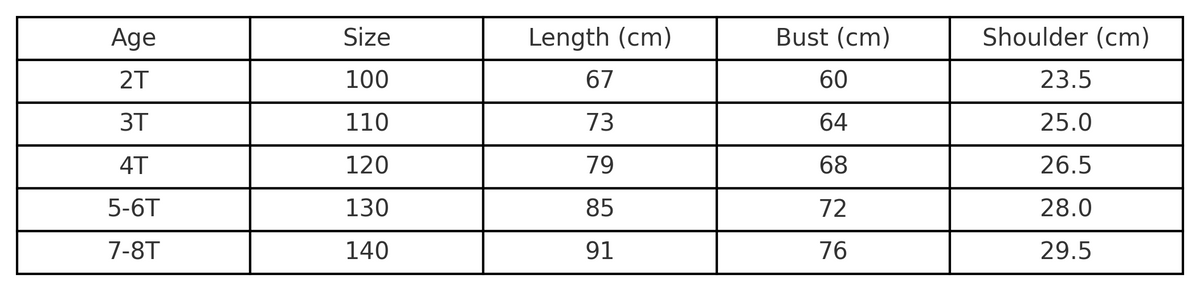Ice Princess costume size chart with age, height in cm, US and EU sizes – Magic Tree Kids
