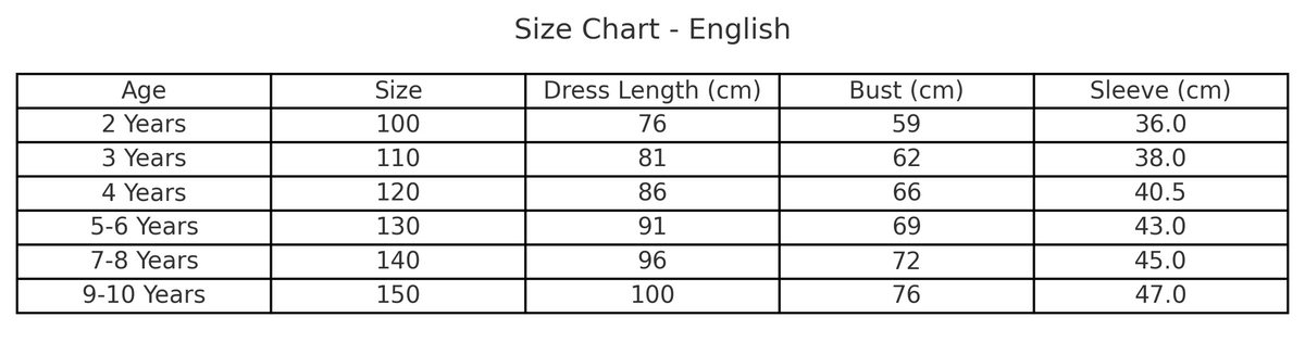 Ice Queen velvet and sequin costume size chart with age, height in cm, US and EU sizes – Magic Tree Kids
