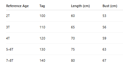 Island Explorer costume size chart with age, height in cm, US and EU sizes – Magic Tree Kids