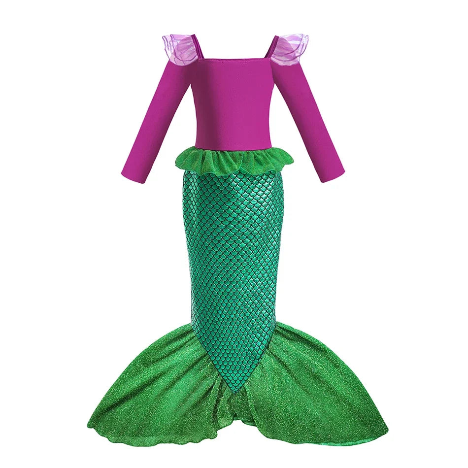 Long sleeve Mermaid princess costume with wig for girls, front view – Magic Tree Kids