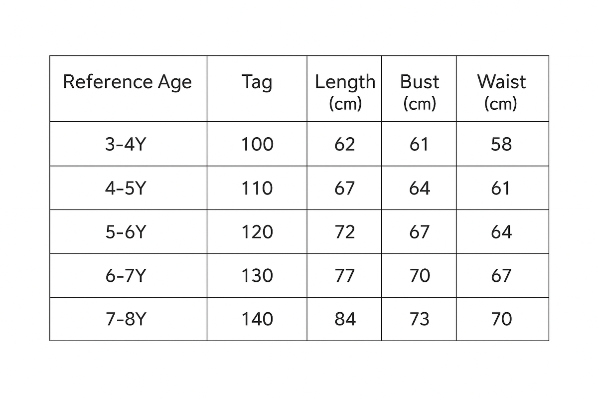 Ocean Dream princess costume size chart with age, height in cm, US and EU sizes – Magic Tree Kids