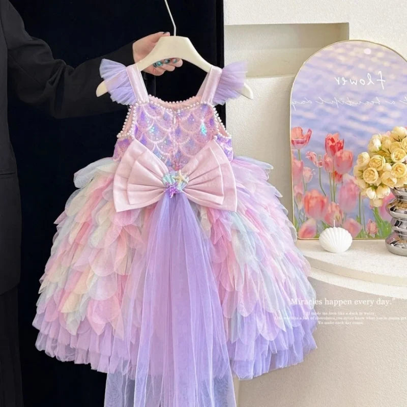 Rainbow Mermaid princess dress for girls, front view – Magic Tree Kids