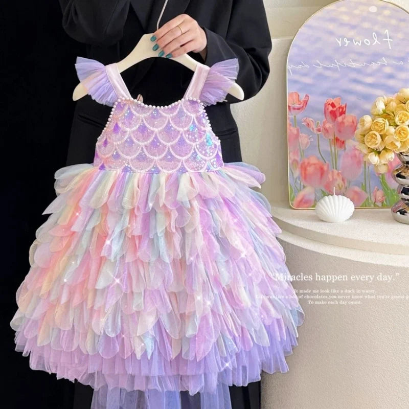 Rainbow Mermaid princess dress for girls, detail view – Magic Tree Kids