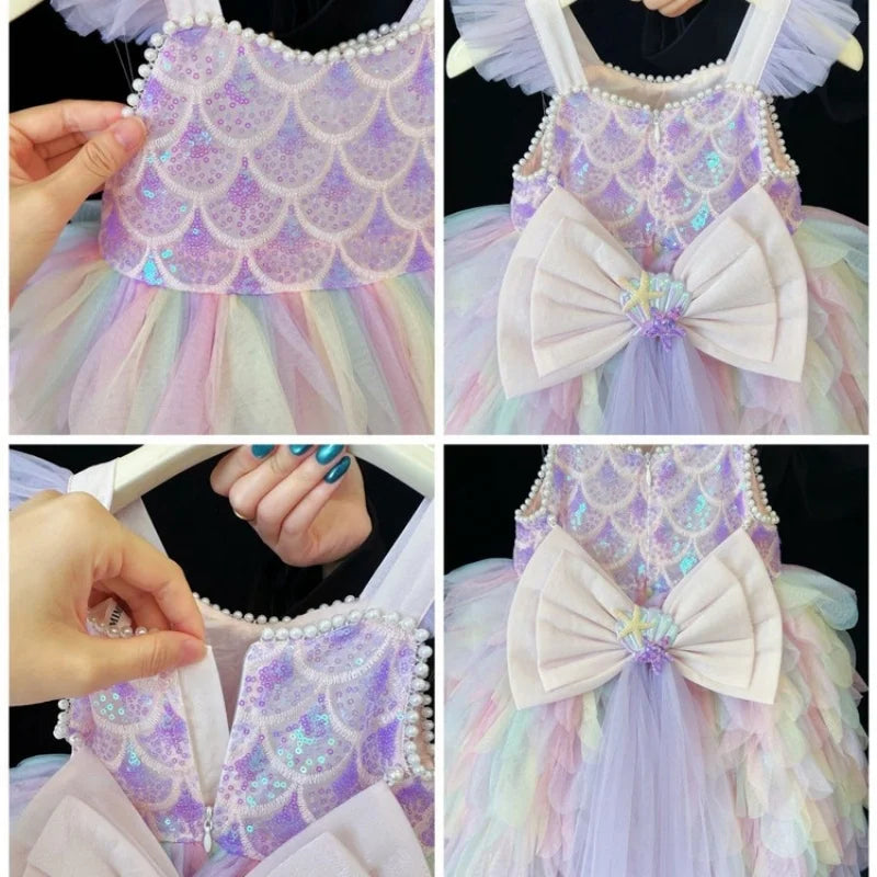 Rainbow Mermaid princess dress for girls, back view – Magic Tree Kids