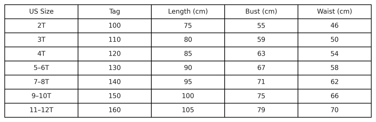 Royal Blossom Courage dress size chart with age, height in cm, US and EU sizes – Magic Tree Kids