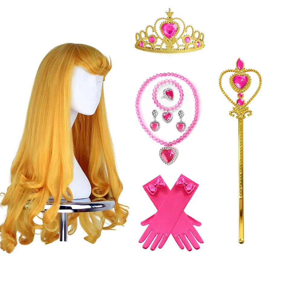 Sleeping Princess accessory set with long blonde wig, crown, wand and gloves for girls – Magic Tree Kids