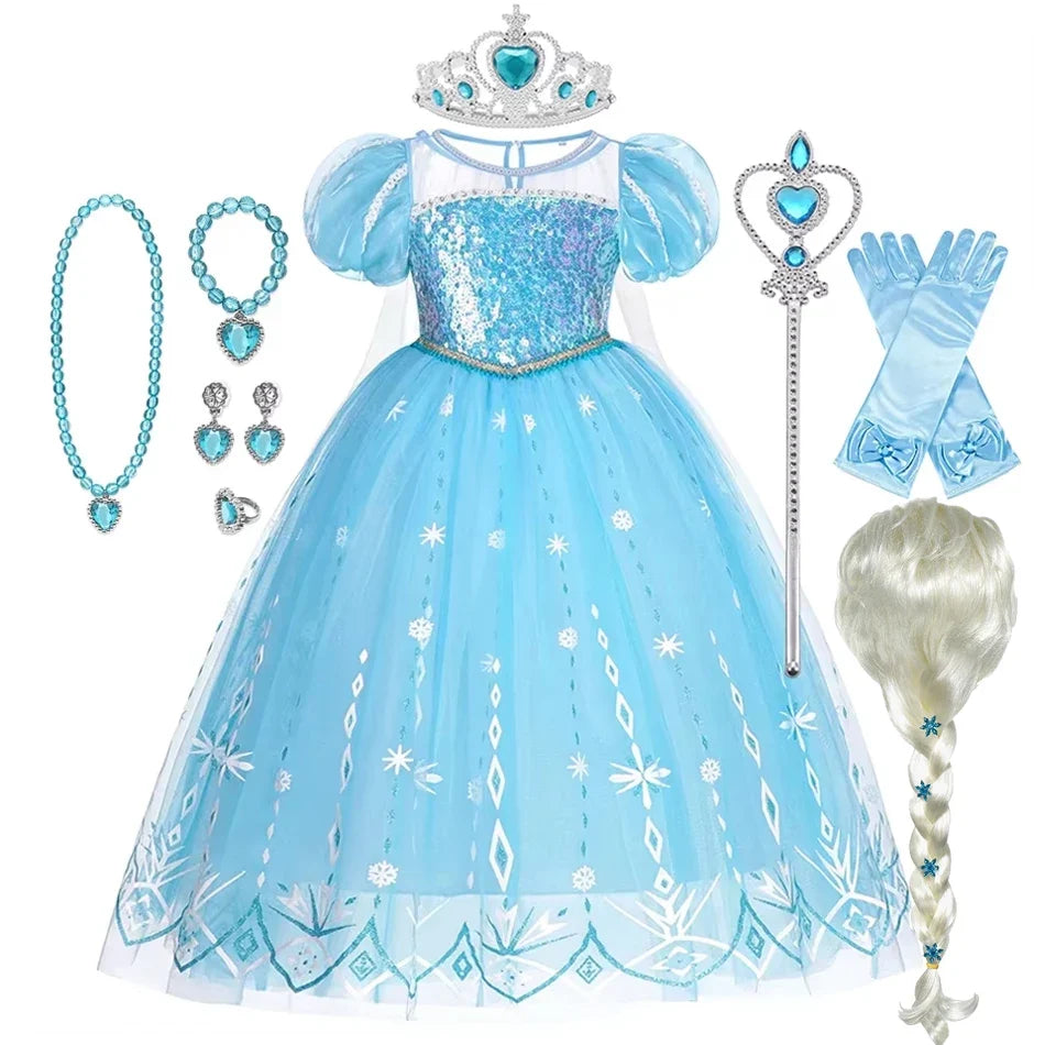 Snowlight Queen ice princess costume set for girls with sparkling blue gown, tiara, gloves and braided wig