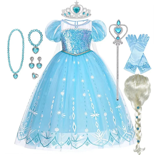 Snowlight Queen ice princess costume set for girls with sparkling blue gown, tiara, gloves and braided wig